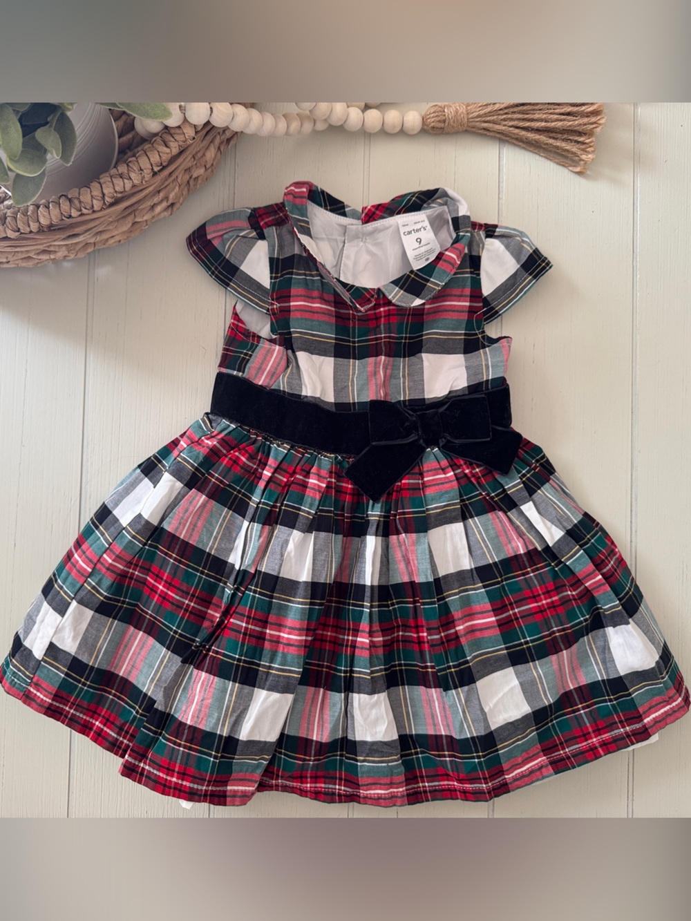 Baby Girl Plaid Velvet Bow Holiday Dress